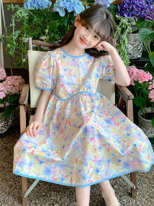 Girls Summer Dress Bubble Sleeve Princess Skirt Childrens Clothing Casual Style Pure Cotton Short Sleeve mid Waist A-Line Skirt