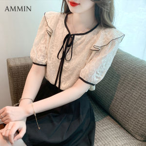 AMMINs new summer simple crew neck with bow lace-up short sleeve lace blouse womens Korean version style embroidered floral hollowed out design fashionable ruffle stitching sweet puff sleeves elegant blouse