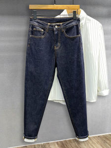 Non-Fading Deep Blue Original Color Mens Jeans Elastic Slim Fit Long Pants Trendy High Street Style Cotton Polyester Blend