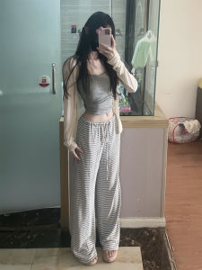 Gray Striped Womens Spring Autumn Loose Korean Style Casual Pants Wide Leg Draping Walking Towel Pants High Waist Straight Leg