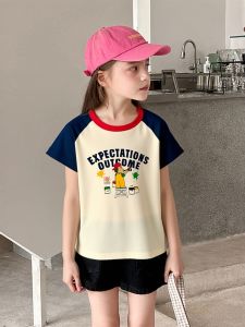 Cute Pure Cotton Short Sleeve T-Shirt for Little Girls Summer Breathable Casual Print Shoulder Insert T-Shirt Childrens Clothing