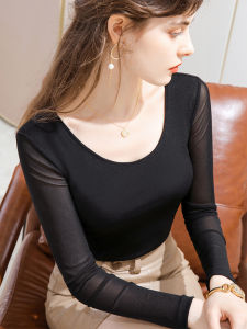 Womens Mesh Base Shirt Long Sleeve Fleece Lined Tight Fit T-Shirt Black Spring Autumn Korean Style round Neck Online Exclusive