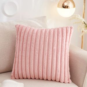 HOYAA Thick Faux Fur Throw Pillow Case Striped Texture Solid Color with Zipper 16X16 inches Sofa Cushion Covers