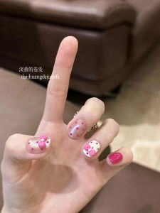 Handmade Hello Kitty Nail Art Stickers Pink Polka Dot Cat Eye Short Wearing False Nails Beauty Tools Pink Color Series from China