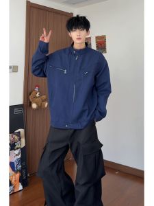 ZHUOCAN | Navy Blue Retro American Cleanfit Canvas Jacket