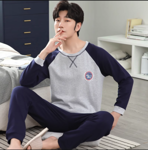 Mens Sleepwear Set Spring Autumn Long Sleeve Long Pants Home Clothes Suit Teenagers Boys Dormitory Casual Knitted Cotton