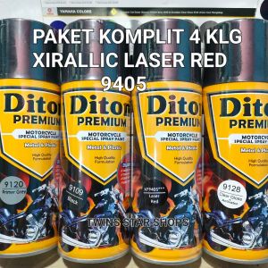 Pilok Cat Diton Premium Paket Komplit 4 Kaleng 400cc Laser Red XP9405 9405 Primer Grey Epoxy 9120 Black 9109 Clear Glossy 9128 Xirallic Xiralic Merah Pilox Cat Semprot Paketan Lengkap