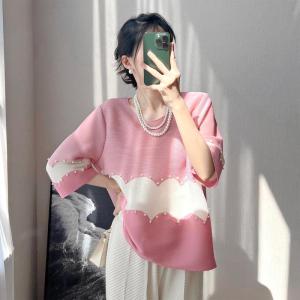 Elegant Pink Slimming Folded Color Block Beaded round Neck Loose T-Shirt Korean Style Commute Polyester Fiber Summer Top