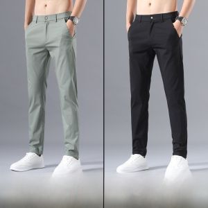 ROMON | Lormen Mens Ice Silk Casual Pants Summer Thin Business Casual Non-iron Straight Leg Suit Pants Loose Long Trendy Trousers