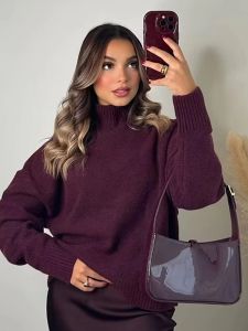 HH Women Elegant Burgundy Knitted Pullover Sweater Casual Long Sleeve Turtleneck Sweaters Autumn Female Warm Outerwear Top
