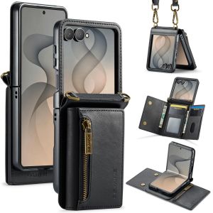 szhaiyu | 2 in 1 Luxury Leather Flip Lanyard Phone Case for Samsung Galaxy Z Flip 8 7 6 5 4 3 7FE Magnetic Zipper Wallet Card Solt Cover