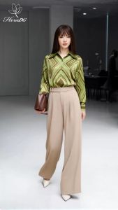 Áo sơ mi kẻ dài tay phối măng séc HeraDG thiết kế tinh tế 2 cách mặc chất liệu lụa với hoạ tiết kẻ độc quyền SASBE1002