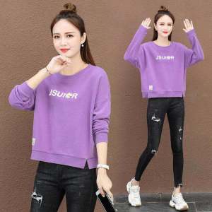 เสื้อสเวตเตอร์คอกลมแขนยาวผ้าฝ้ายผสมสำหรับผู้หญิง ฤดูใบไม้ร่วง/ฤดูหนาว สไตล์ใหม่ เสื้อสเวตเตอร์คอตตอนหลวมพิมพ์ลายแฟชั่นสั้น เทรนด์ใหม่