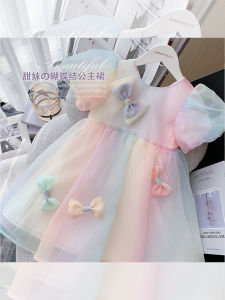 Girl Dress Summer Rainbow Skirt Childrens Bow Super Fairy Princess Dress Baby Girl Birthday Party Sweet Formal Dress