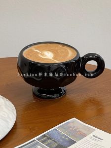 Black Coffee Cup with Handle Donut Design Handmade Irregular Latte Art Cup High Footed Mugs Ceramic Universal 300ml Capacity