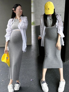 Maternity Knitted Mini Midi Skirt No Belly Support Straight Cut Elastic Waistband Summer Spring Autumn Cotton Long Skirts
