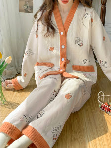 Áo Ngủ Cotton Dày Cho Bà Bầu Sau Sinh Mùa Thu Đông Áo Ngủ Cho Bà Bầu Bú Ống Dài Cổ Chữ V Quần Dài Thoải Mái