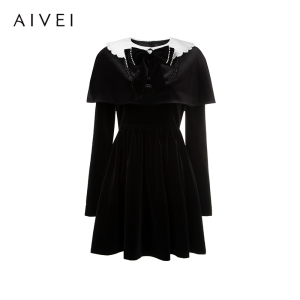 Aivei Princess Style Velvet Dress with Cape High Waist Butterfly Knot Autumn Collection Elegant Short Skirt Polyester Fiber