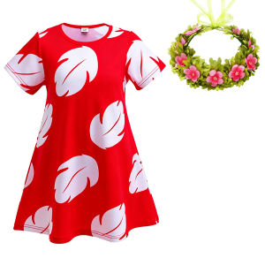 Lilo Dress Girls Hawaiian Costume Princess Short Sleeve Dress Up with Flower Wreath Headband for Girls Summer Carnival Halloween