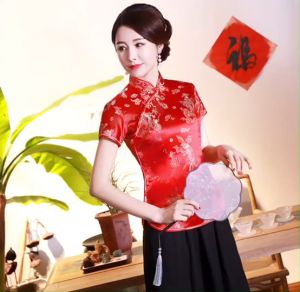 เสื้อกี่เพ้า เสื้อตรุษจีน เสื้อคอจีน ลายมังกร สีแดง #พร้อมส่งในประเทศไทย