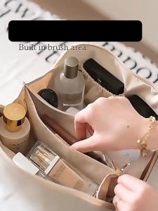 Deli Vusign Leather Cosmetic Bag Portable Large Travel Make UP Bag Ladies Wash Storage Bag Organizer