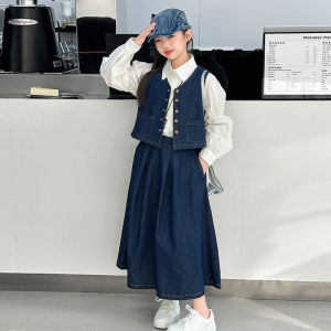 MPW | ชุดเดรสยีนส์เด็กผู้หญิง ชุดสามชิ้น แฟชั่นฤดูใบไม้ร่วง เสื้อเชิ้ต เสื้อกั๊ก เสื้อผ้าเด็กสไตล์เกาหลี ชุดเด็ก