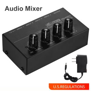 4 Channel Line Mixer Mini Sound Mixer DC 12V Easy Operation Audio Mixer Ultra Low Noise 4 Input 1 Output with Power Adapter