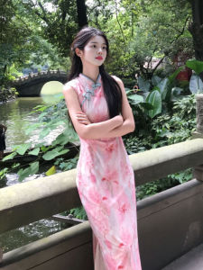 New Chinese Style Gentle Print Slim Fit Qipao Dress Summer 2025 Seasonal Fashion Womens Clothing Sleeveless Stand Collar