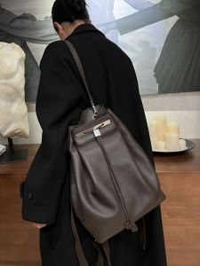 Classic European Korean Style Top Layer Cowhide Soft Leather Double Shoulder Bag Drawstring Large Capacity Handheld Backpack