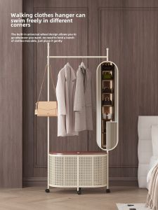 Cream Style Coat Rack with Mirror Imitation Rattan Dirty Clothes Basket Floor Hanger Storage Rack Internet Celebrity Bedroom Hanger