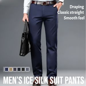 Men’s Ice Silk Suit Pants Summer Lightweight Suit Pants Business Casual Ankle Length Pants Comfortable Breathable High Elasticity