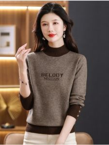 Fall Winter Thickened Woolen Sweater Womens Fashion Loose Half High Collar Warm Fleece Lined Knitted Base Shirt Korean Style