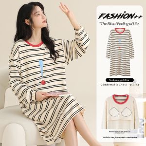 MiiOW | Cat Woman Cotton Sleep Dress Womens Spring Autumn Casual Wearable Home Clothes Nightgown With Chest Pad Round Neck Long Sleeve