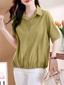 เสื้อเชิ้ตผู้หญิงแขนสั้นผ้าชีฟอง ทรงหลวม ทรงปกติ ฤดูร้อน 2025 ทรงปกติ ผ้าฝ้ายผสม ระบายอากาศได้ดี ปกโปโล ปกติ