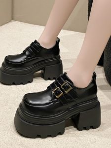 Korean Style Smooth Leather Bright Finish Small Leather Shoes Womens Increased Height Loafers British Style Belt Buckle Womens Shoes