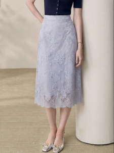 Roey s house | Elegant Office Lavender Lace Embroidery High Waist A-line Midi Skirt