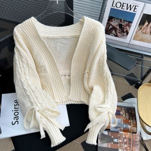 Spring Autumn 2025 New Style Womens Knitted Sweater Coat Short Loose Long Sleeve V-Neck Warmth College Style Outerwear