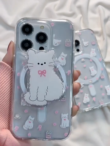 เคสชาร์จไร้สายแม่เหล็กแมวน่ารักแบบเกาหลีพร้อมที่จับสำหรับ Iphone 16 Pro Max 15 ProMax 16E 15 plus 14 13 12 11 XS XR X 8 8P 7 7p Magsafe ฝาครอบซิลิโคนอ่อนชัดเจน