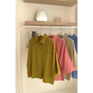 Koraru K3001 Baju Wanita Blouse Wanita Linen Crinkle Single Pocket  Oversized Shirt Lengan 3/4 - Atasan Wanita