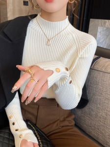 White Knitted Long Sleeve Base Shirt Womens Autumn Winter Fashionable Half High Collar Knitwear Slim Fit Commute Style Top