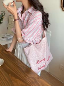 Romantic French Style Large Capacity Floral Canvas Shoulder Bag Womens Tote Bag Pink Summer Trendy Youth Casual Handbag