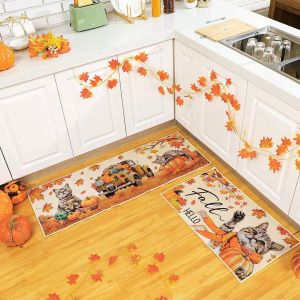 VIKAMA 1/2 pcs ฤดูใบไม้ร่วงวันขอบคุณพระเจ้าแผ่นพื้นทนทานและทําความสะอาดง่ายห้องครัวพรมปูพื้นEntryway พรมเช็ดเท้าตกแต่งบ้าน