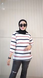 Kaos Oversize Wanita Garis Setrip Salur Lengan Kerut Katun Combed 20s PREMIUM Baju Garis LEGY STORE