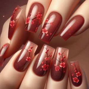 Medium fake nails for women gilrs Gradient red brown yellow square nail tips with Spring summer flowers press on false nail art