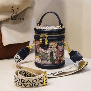 Elegant Bear Embroidery Bucket Bag round Cylinder Fashionable Womens Bag North Bag High-End Feelings Crossbody Handbag