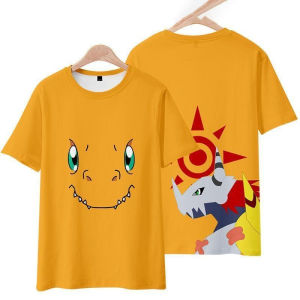 Bandai | Digimon Anime Summer Yagami Short-sleeved Battle Tyrannosaurus Rex Impression T-shirt 2D Mens and Womens Clothing