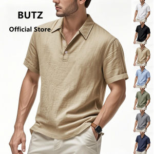 BUTZ เสื้อเชิ้ตผู้ชายเสื้อเชิ้ตแขนสั้นเสื้อโปโลลินินทรงหลวมลำลองมีกระดุมแบบอังกฤษใหม่2025ฤดูร้อน
