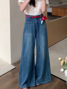MANMI | Quần Jeans Chân Rộng Màu Xanh Form Rộng Thoáng Mát