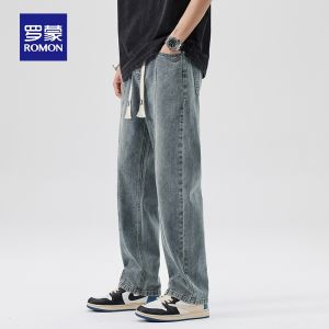 ROMON | Romon Summer Thin Denim Jeans Men Loose Straight Wide Leg Trendy Light Blue Elastic Waist Casual Long Pants Youth Fashion