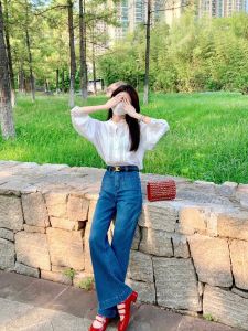 Quần Jeans Denim Ống Rộng Cạp Cao Màu Xanh Cổ Điển Cho Nữ Quần Ống Rộng Dáng Thẳng Mùa Xuân Mùa Hè Quần Jeans Ống Rộng Cỡ Nhỏ